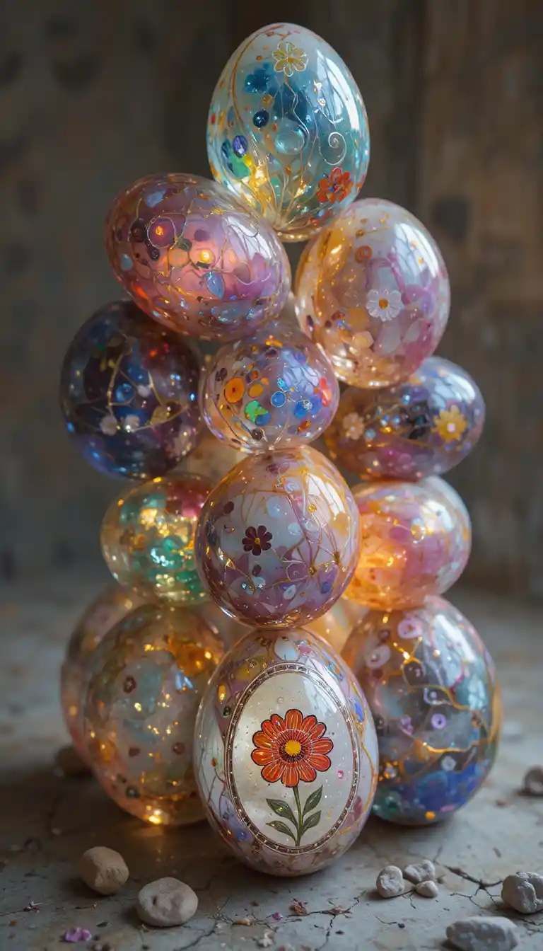 Colorful glass like easter eggs in clustered abstract arrangement