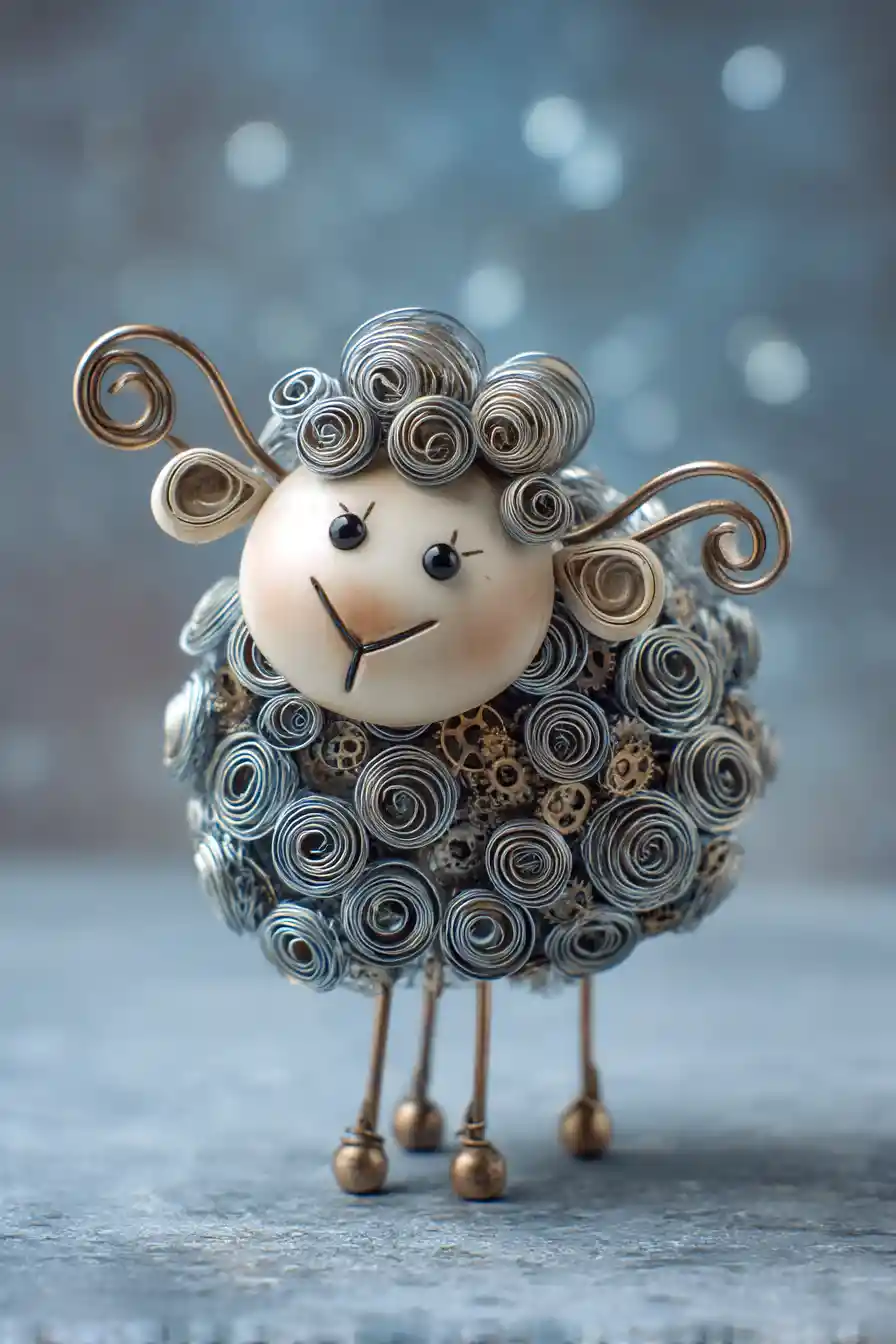 Playful Metal Sheep With Curly Wool In Steampunk Setting