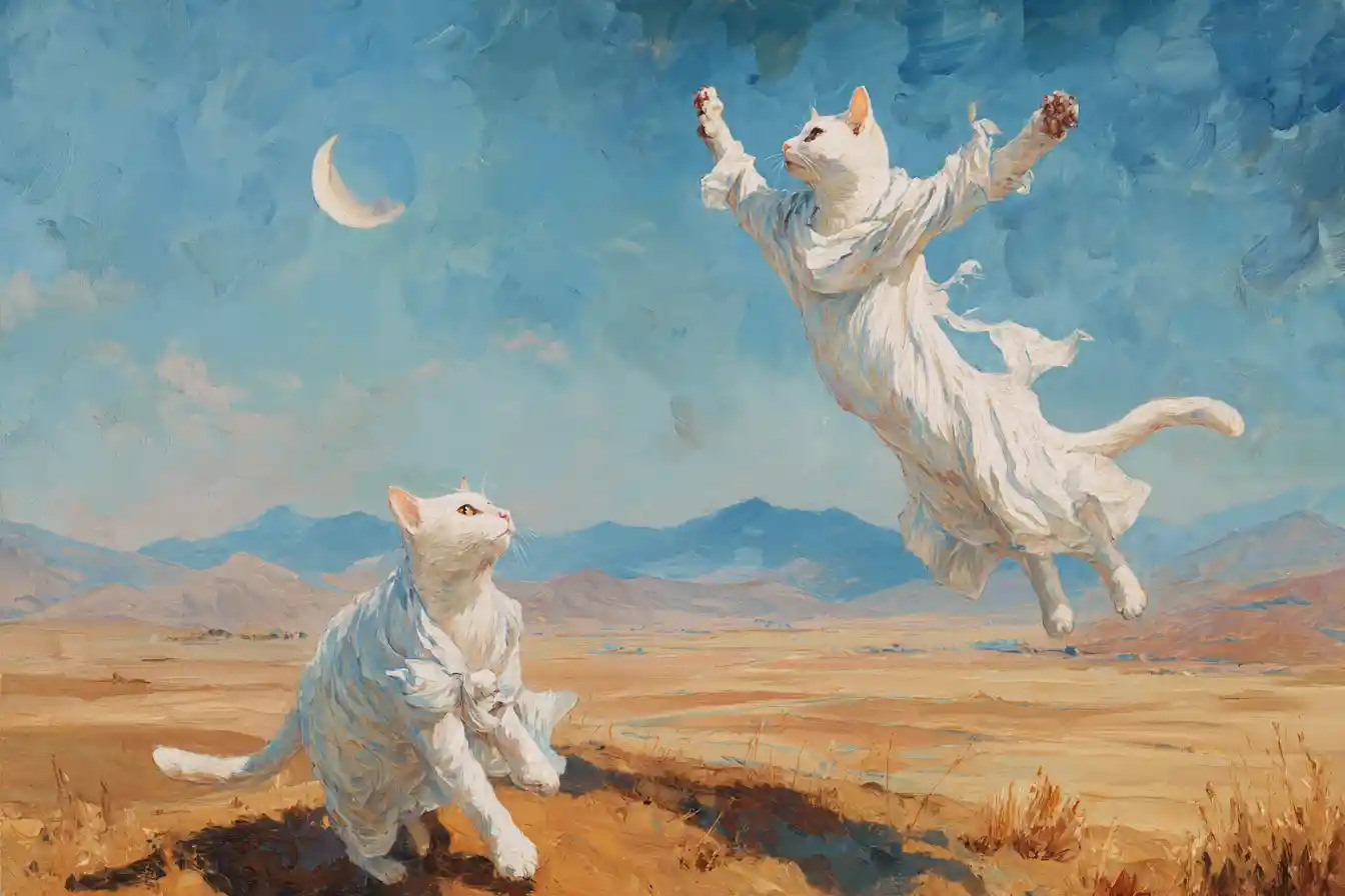Due gatti bianchi in un dipinto surreale di deserto al chiaro di luna
