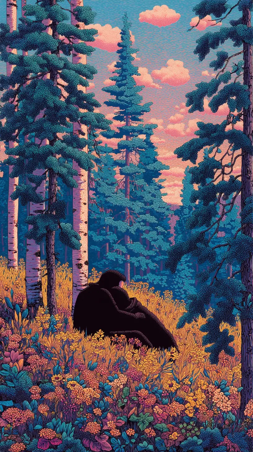 Embracing couple in a Nordic meadow at sunset