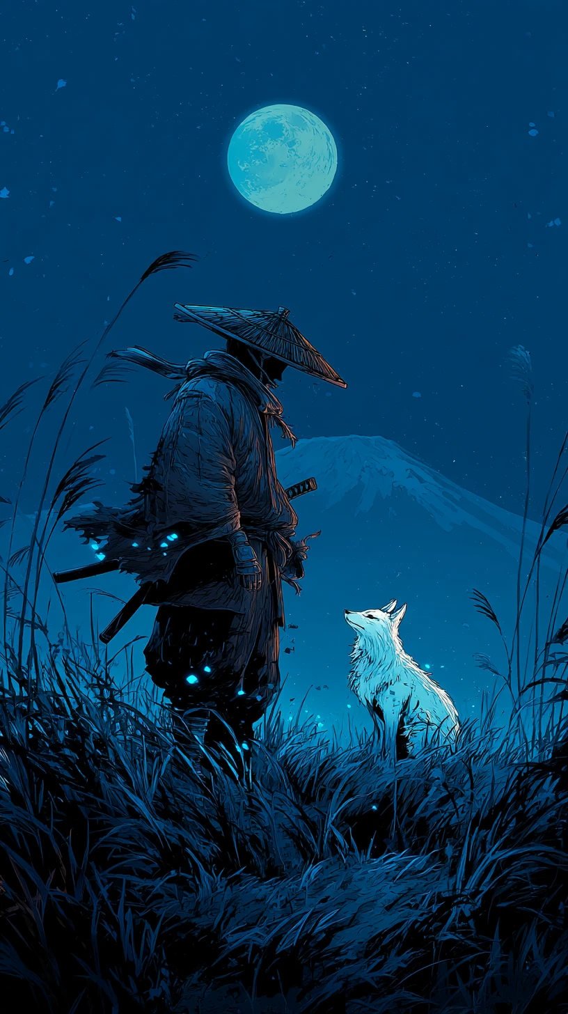 Lone ronin with white fox under a moonlit mountain sky