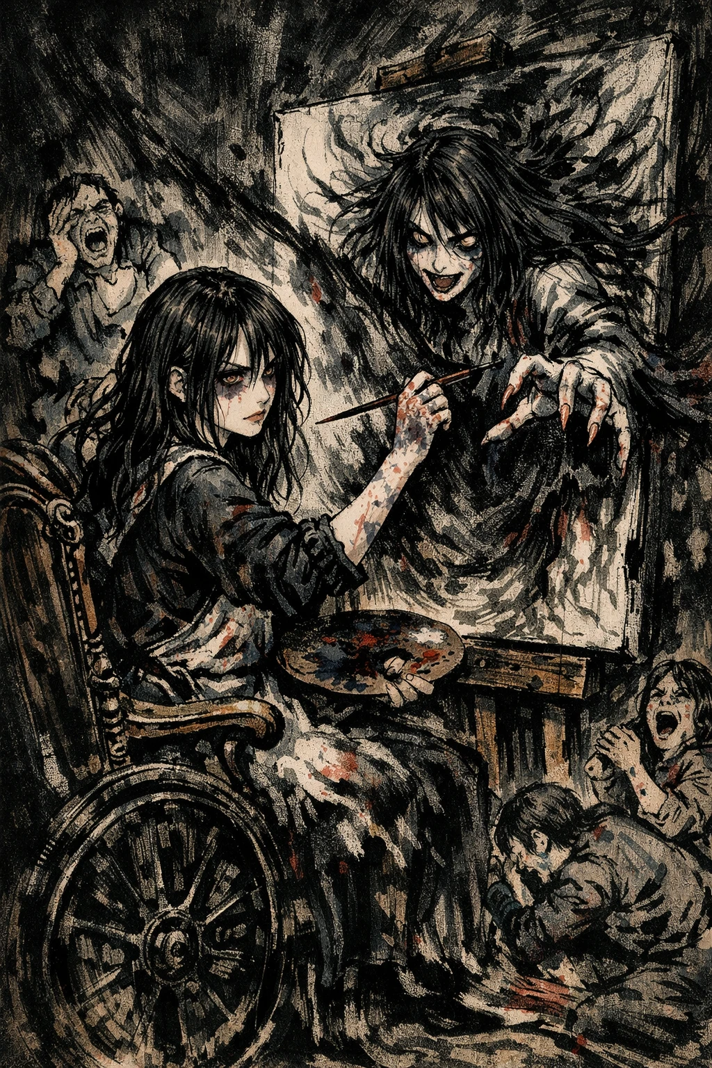 Fra pale anime painter in wheelchair before a looming blank canvas