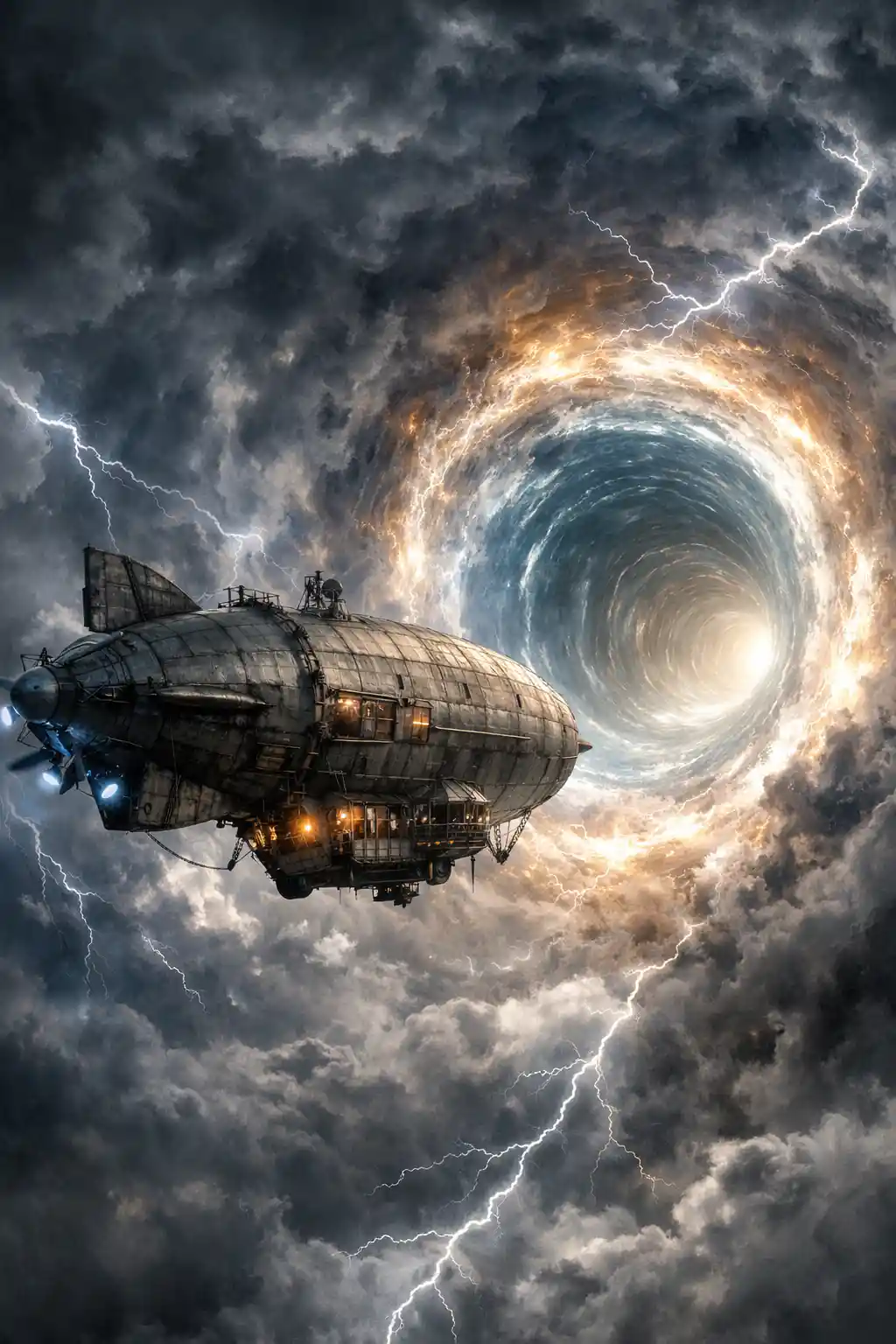 Old cyberpunk airship entering a glowing sky vortex