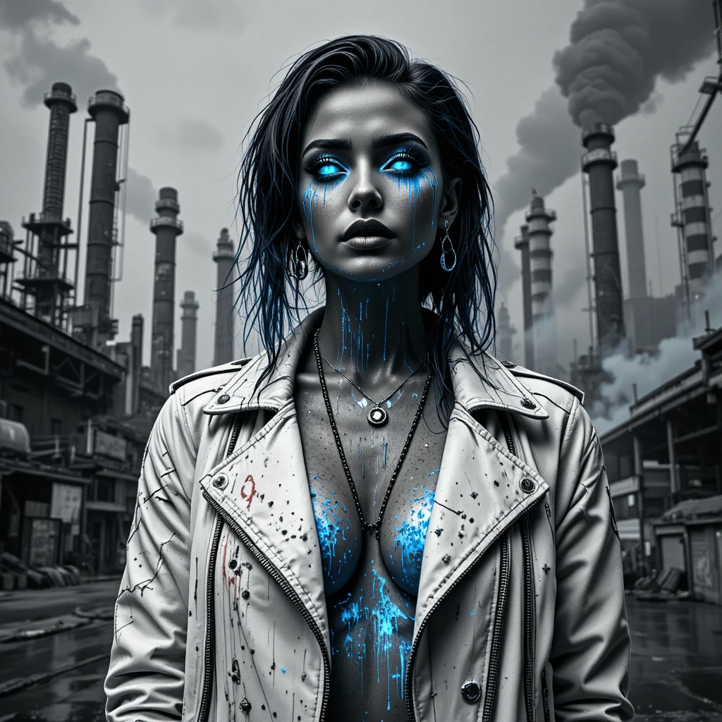 Cyberpunk outlaw woman in glitch art industrial portrait