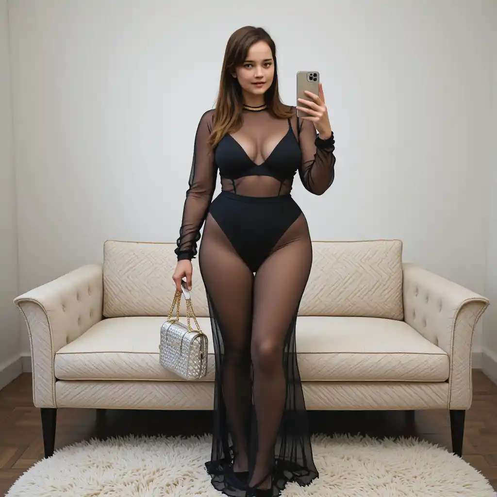 ブラックシアーメッシュドレスを着た自信あふれるカーブモデルの室内ポートレート