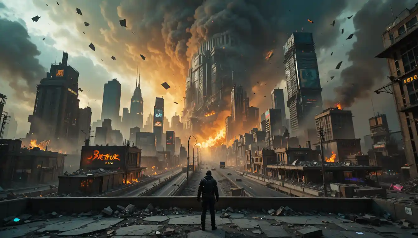 Cyberpunk courier overlooking collapsing apocalyptic megacity skyline