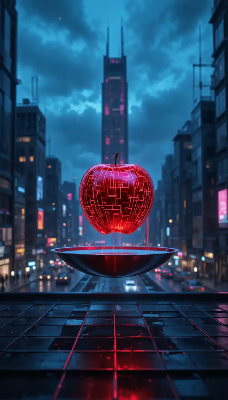 Floating neon apple in a cyberpunk city grid