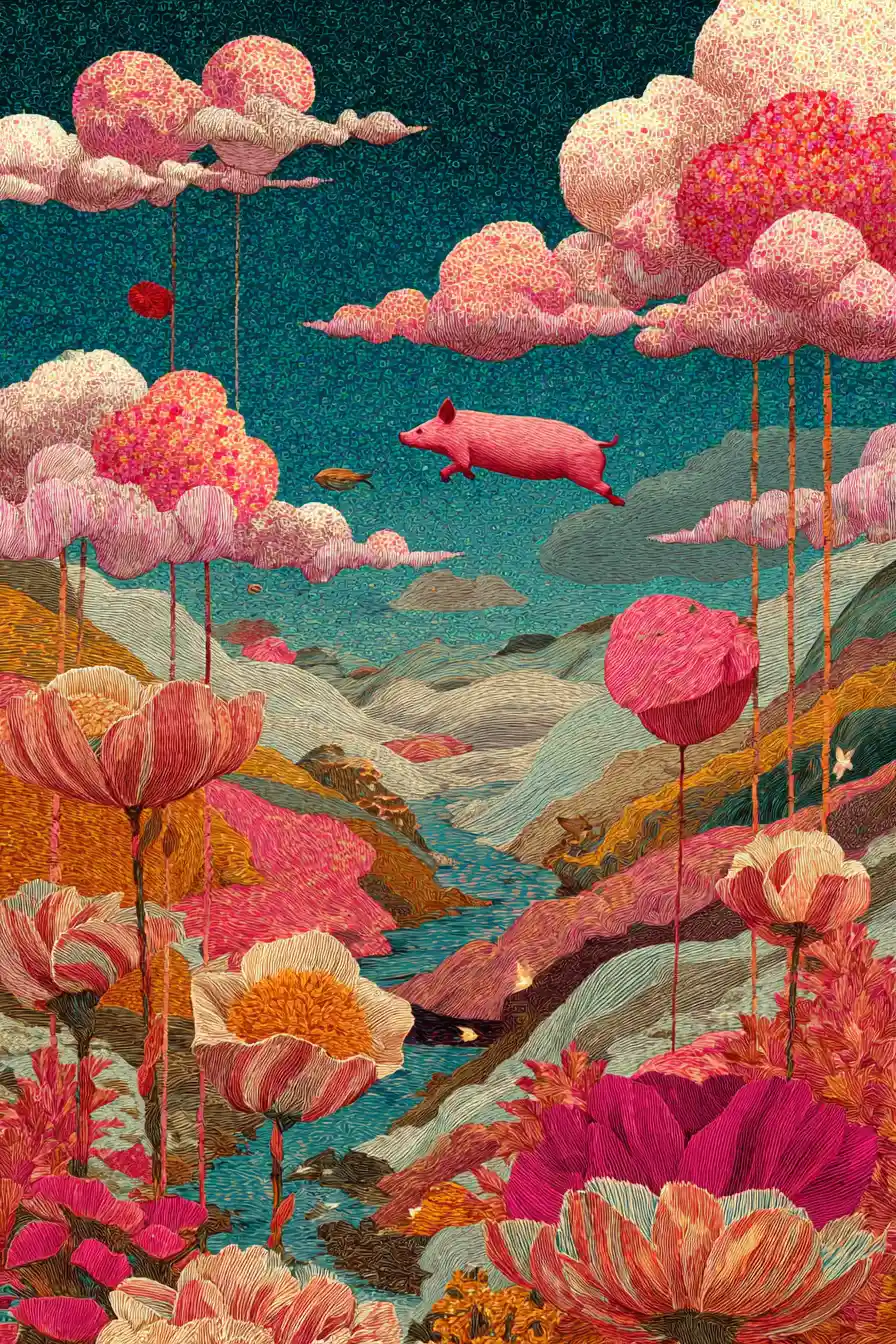Glittering pigs diving through a surreal striped dreamscape