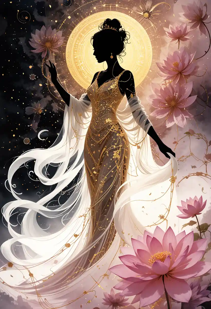 Divine being in gold and white with blooming pink lotuses