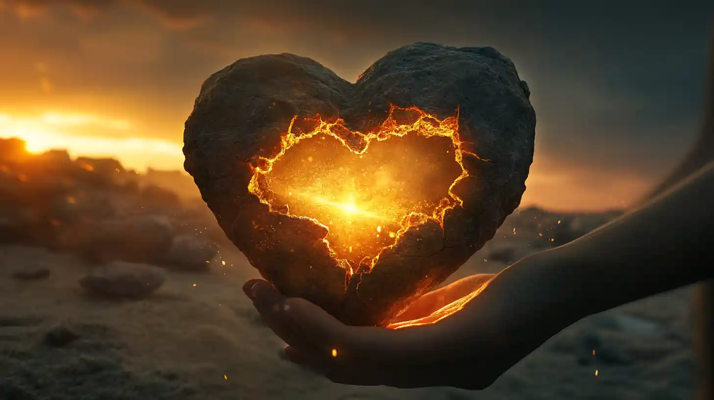 Surreal figure holding a cracking stone heart of golden light