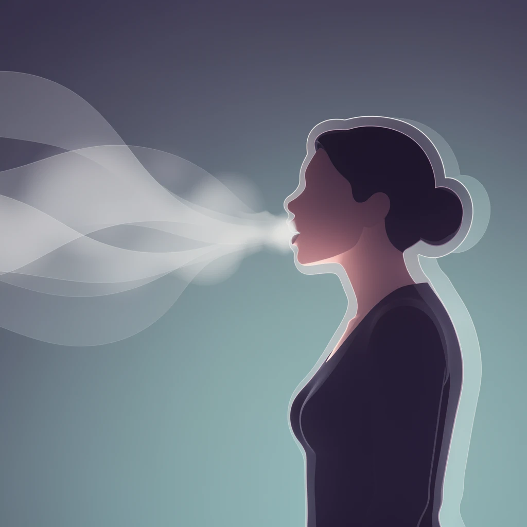 Silhouettenprofil einer Frau, die Nebel in weichen Farbverläufen ausatmet