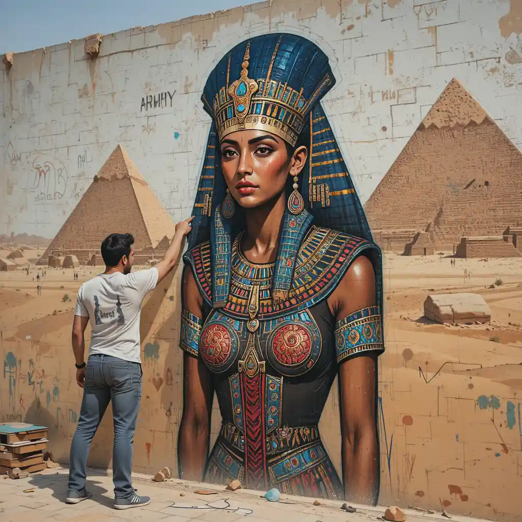 Mann sprüht altägyptisches Graffiti auf eine Straßenwand in Kairo