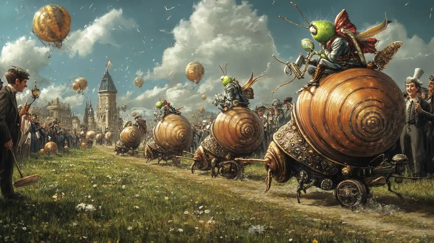 Gran carrera de caracoles steampunk con animados espectadores de fantasía