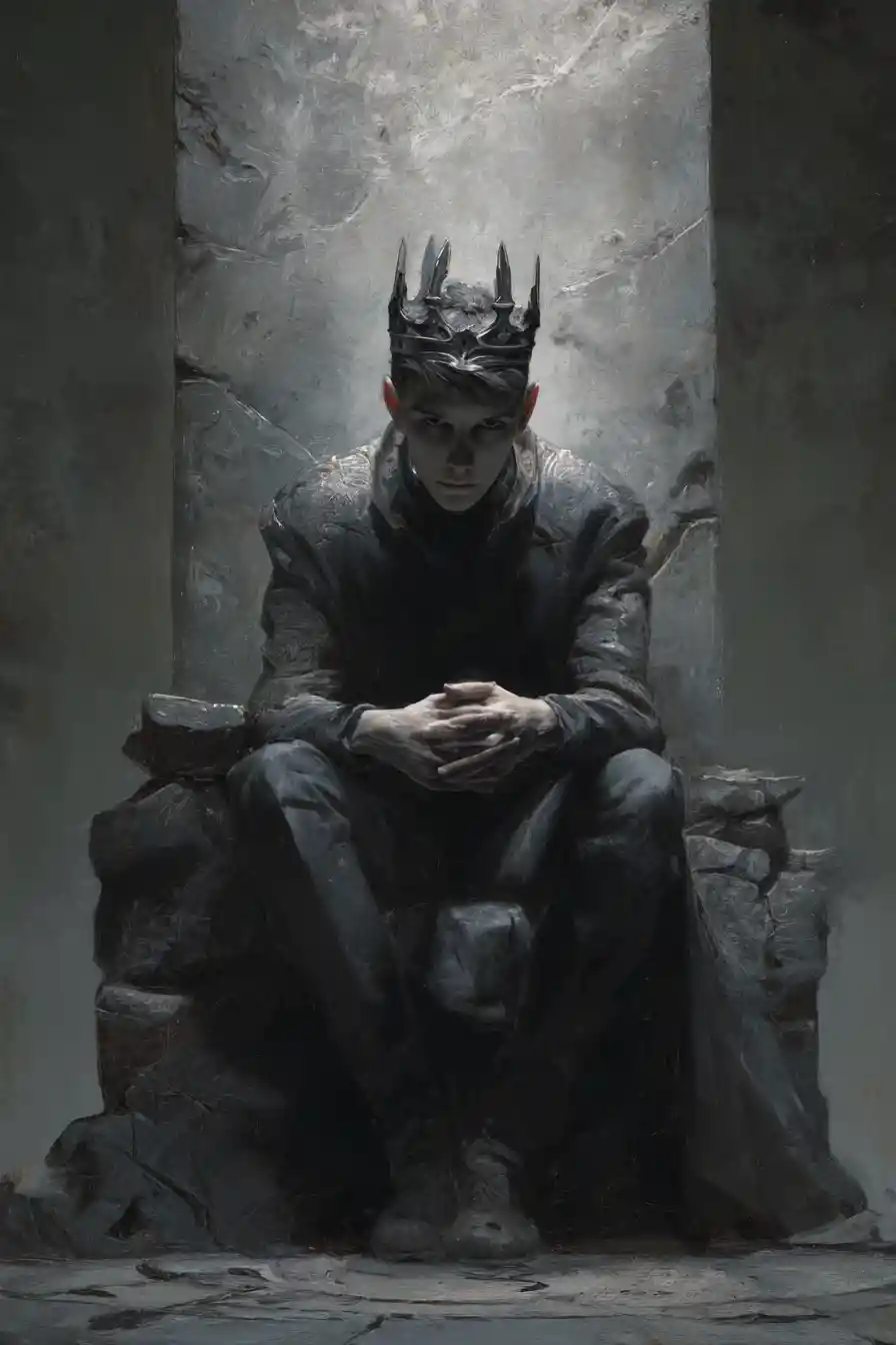 Solemn medieval king on obsidian throne in moonlit hall