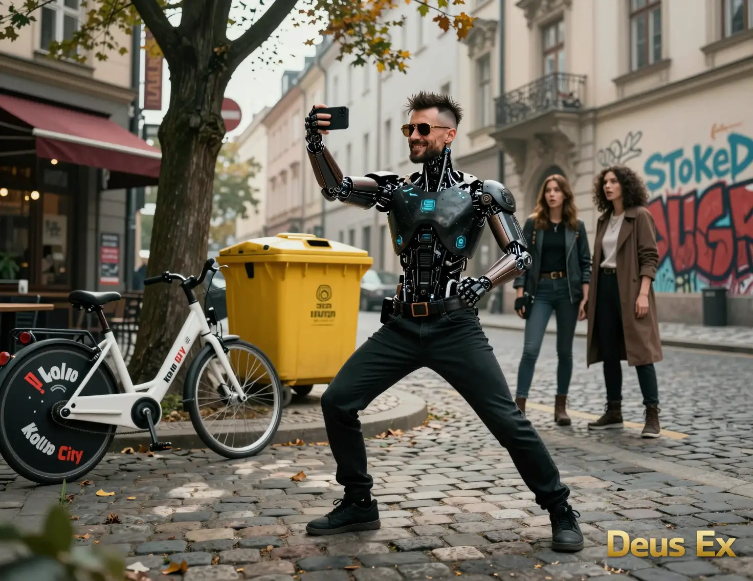 Homme cybernétique prenant un selfie dans une rue futuriste de Prague