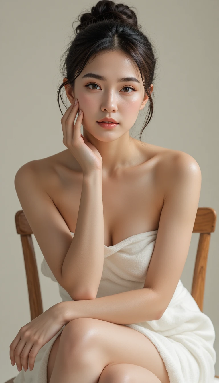 Ritratto di giovane donna in asciugamano seduta su sedia di legno