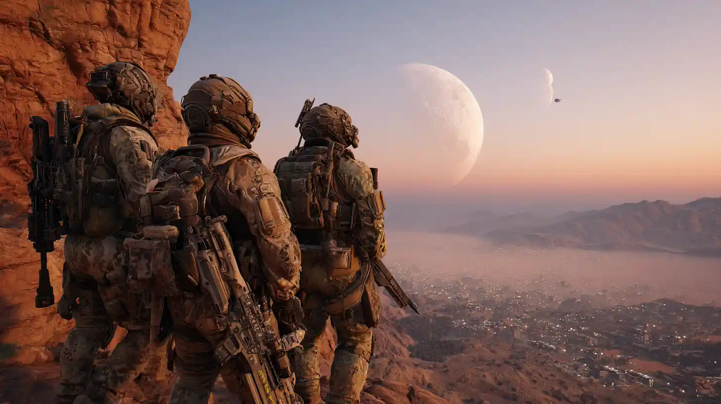Special forces soldiers scouting a distant alien valley