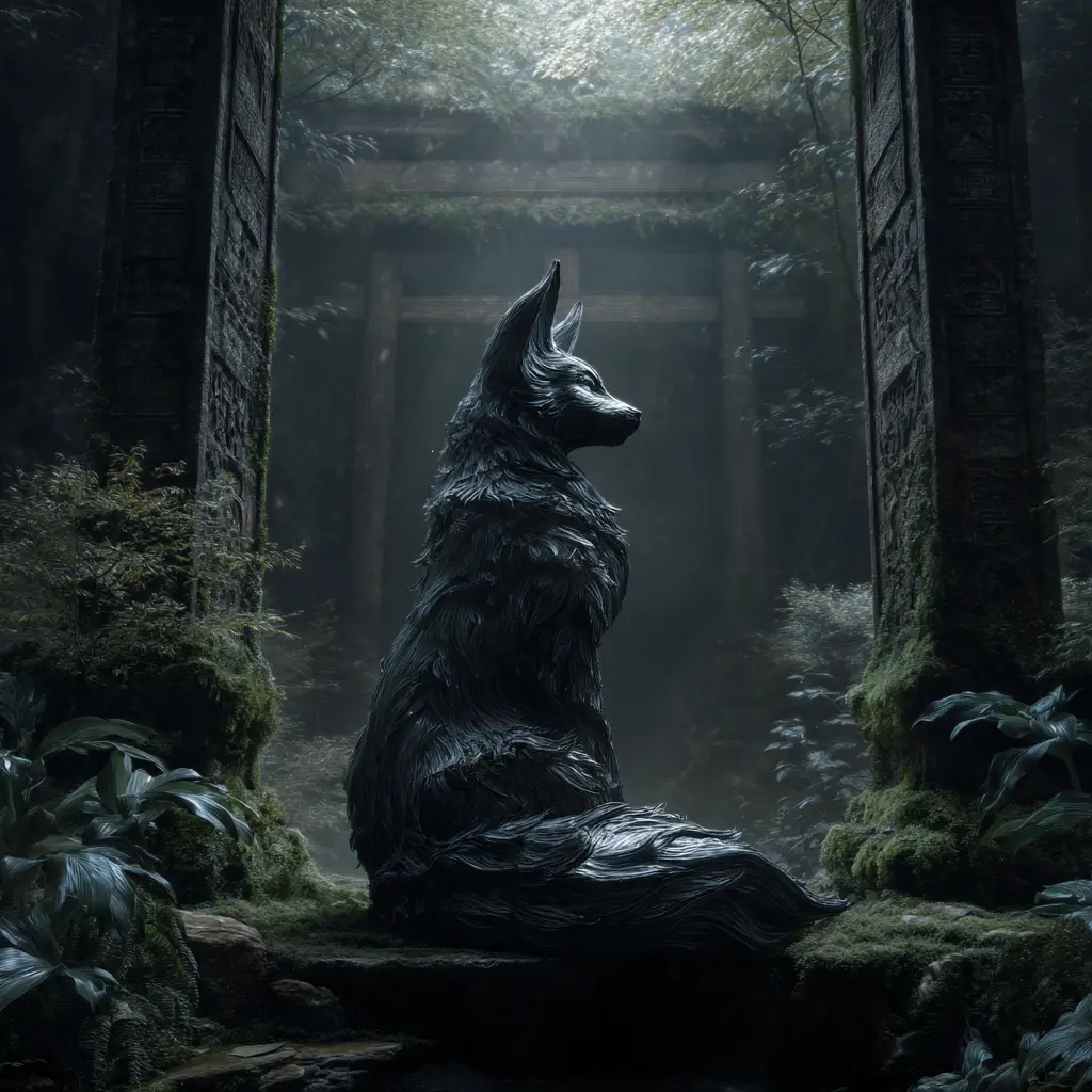 Mystical nine tailed kitsune spirit guarding a forest portal