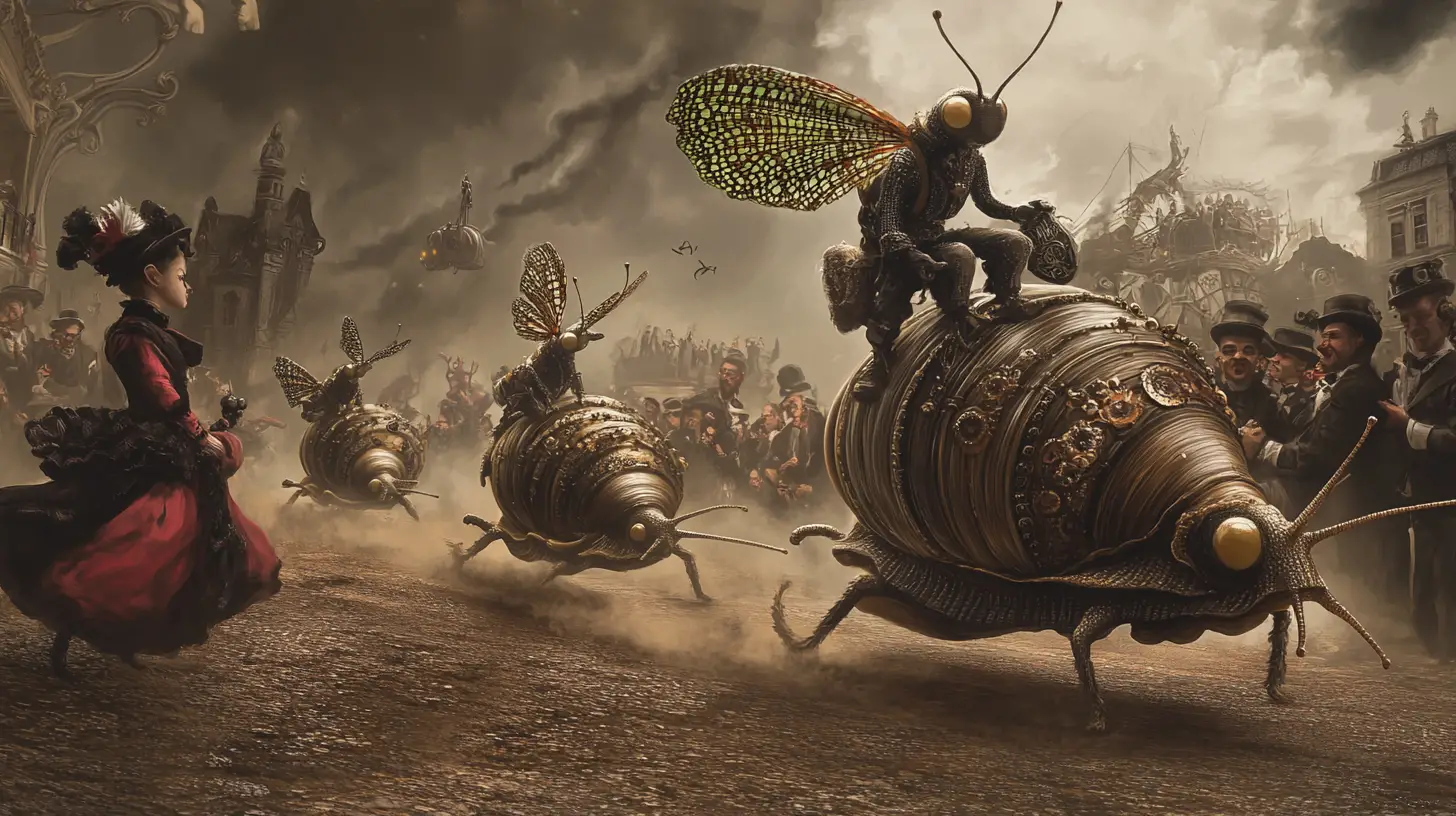 Verspieltes Steampunk-Schneckenrennen mit jubelnden Zuschauern