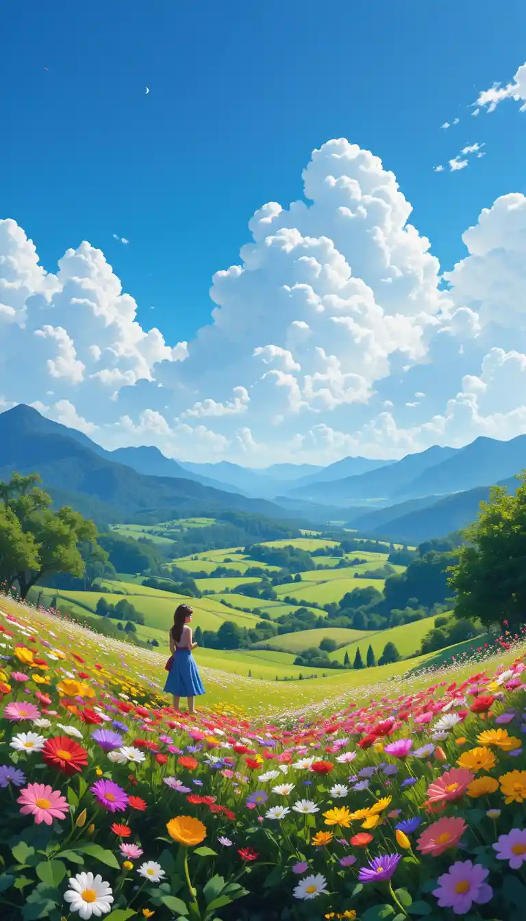 Cheerful cartoon flower fields under a bright blue sky