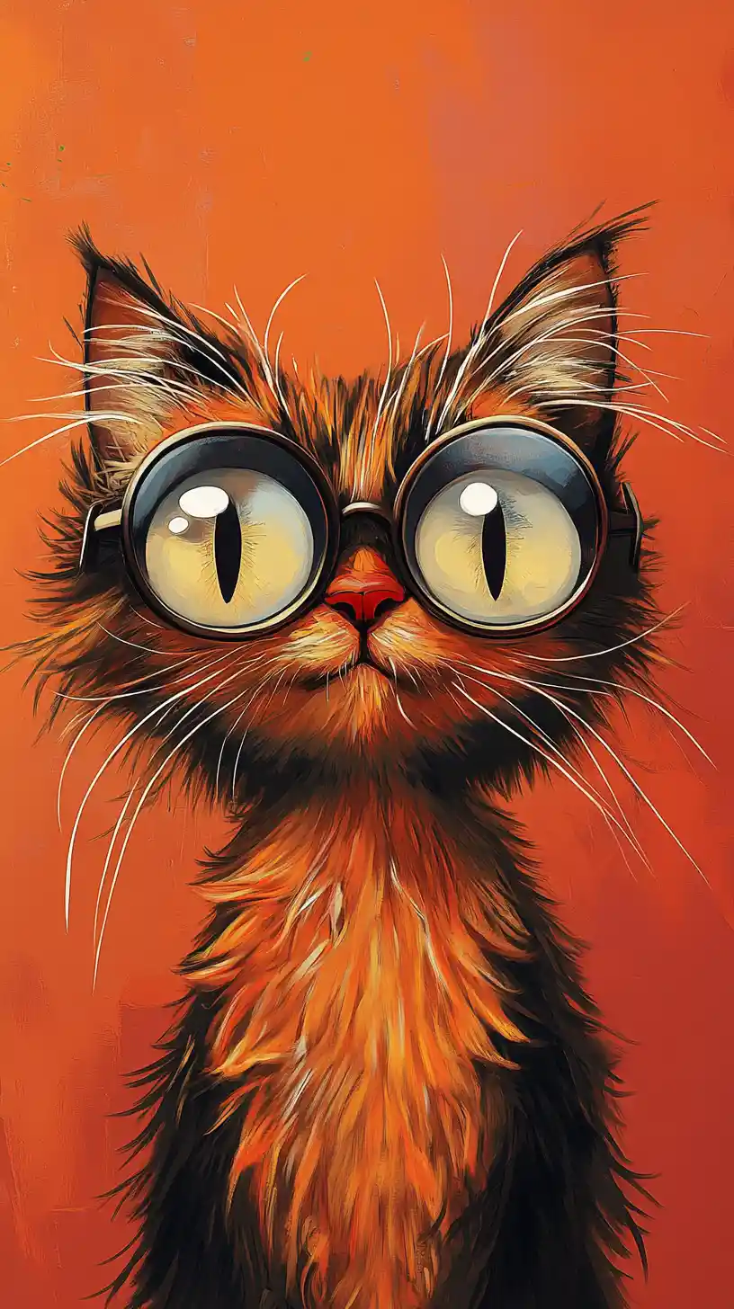 Sarcastic cartoon cat portrait with huge glasses and feathers