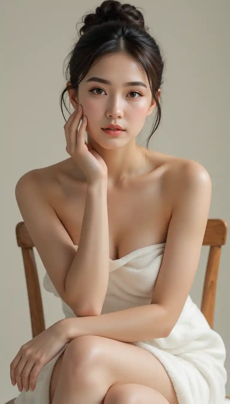 수건을 두르고 나무 의자에 앉아 있는 젊은 여성 초상