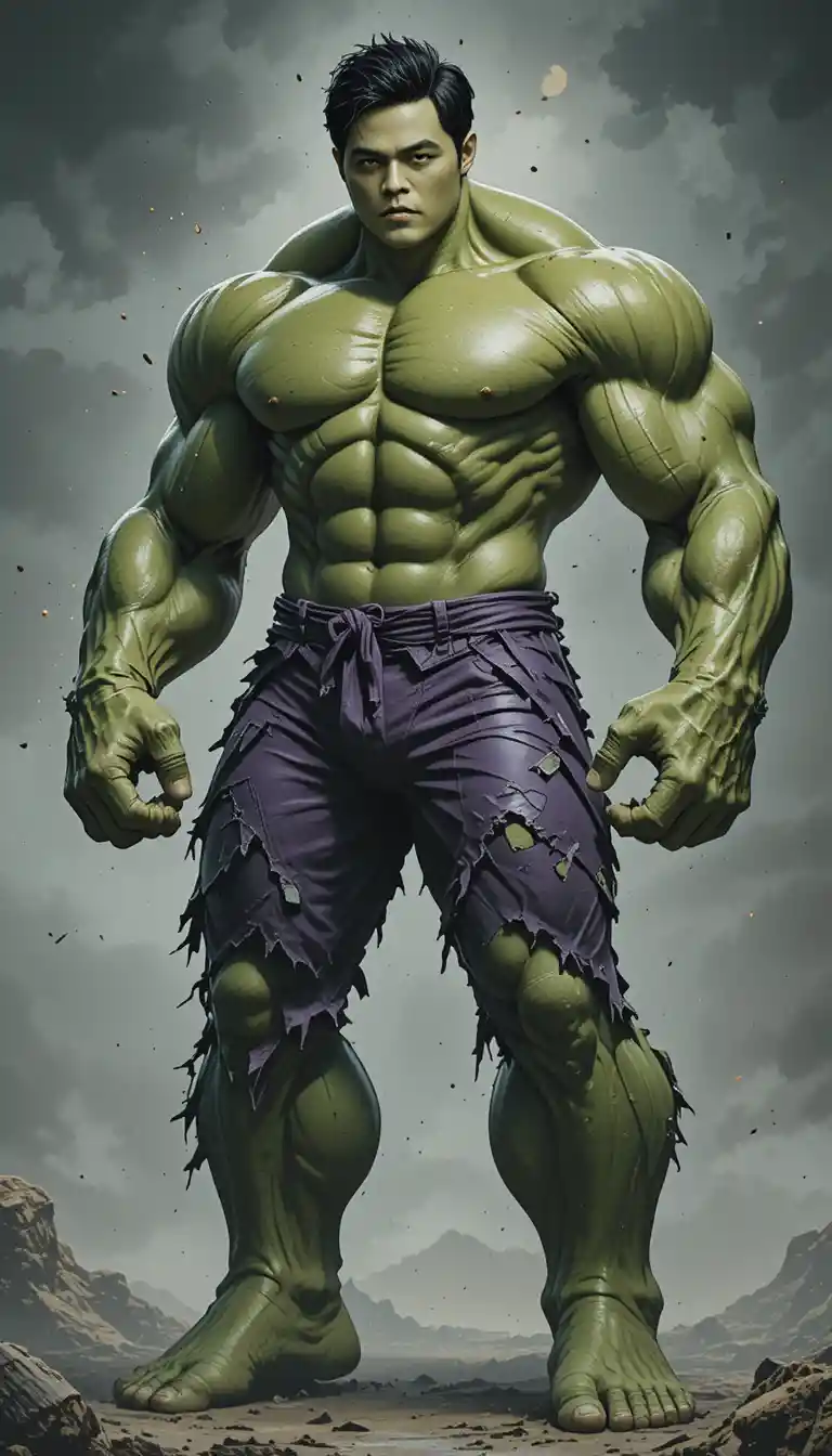 Enorme gigante verde musculoso con pantalones púrpura desgarrados