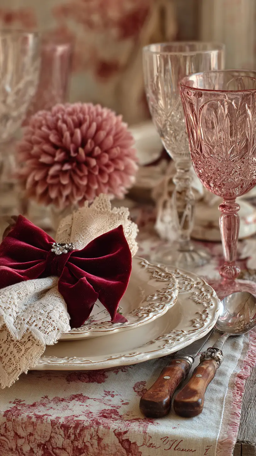 Romantic velvet bow table setting with lace and crystal