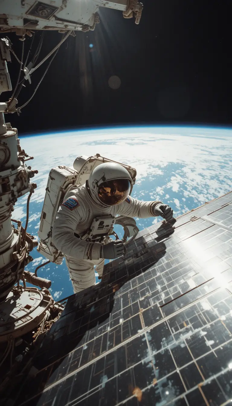 Astronaut Repairing Solar Panel On ISS In Harsh Sunlight