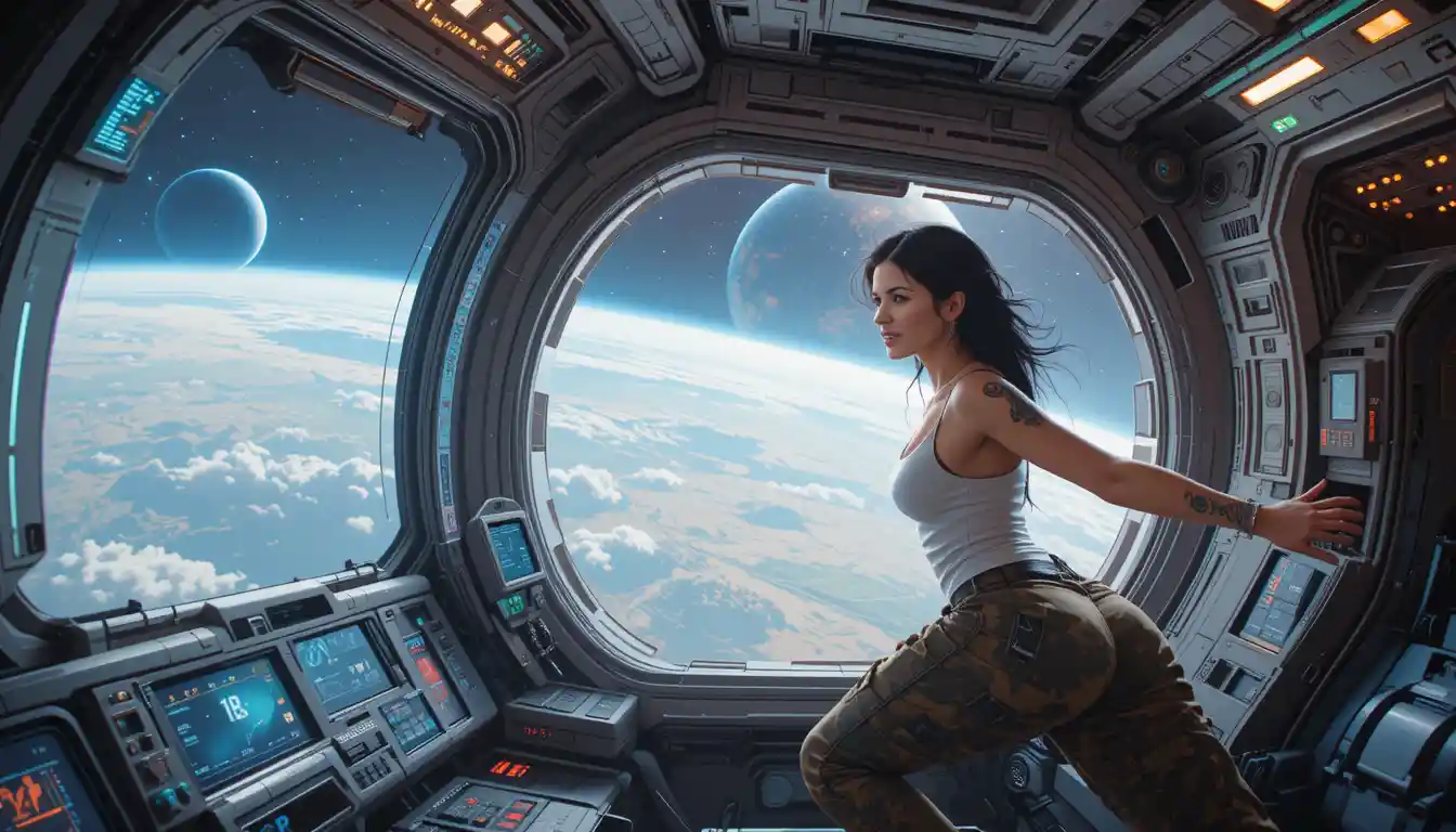 Athletic woman leaping through a spaceship window toward Earth
