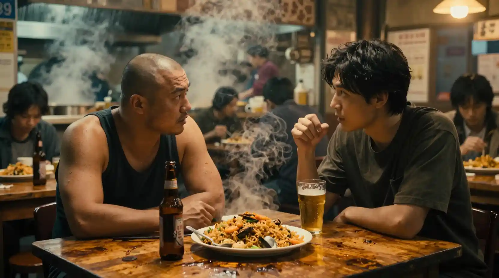 Tense conversation between two men in a night restaurant