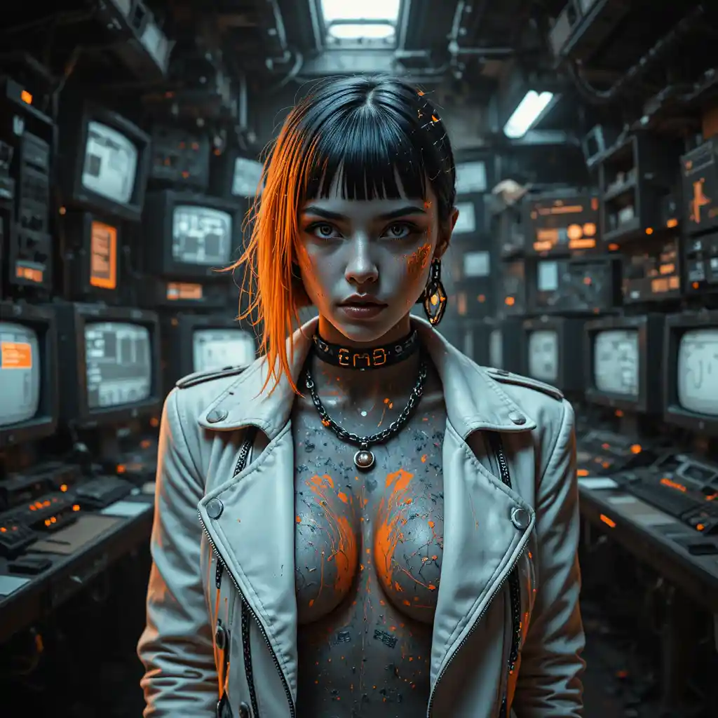 Donna glitch noir in una sala di controllo di centrale elettrica in rovina