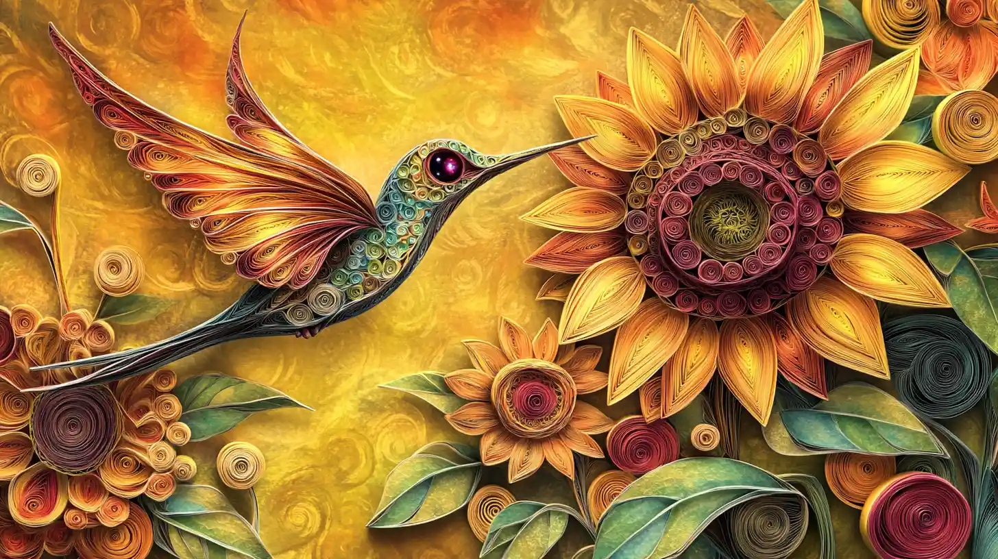 Illustrazione fiabesca di colibrì e girasoli in paper quilling