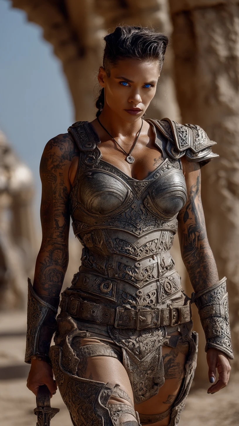 Sci fi warrior woman in golden armor at ruined temple