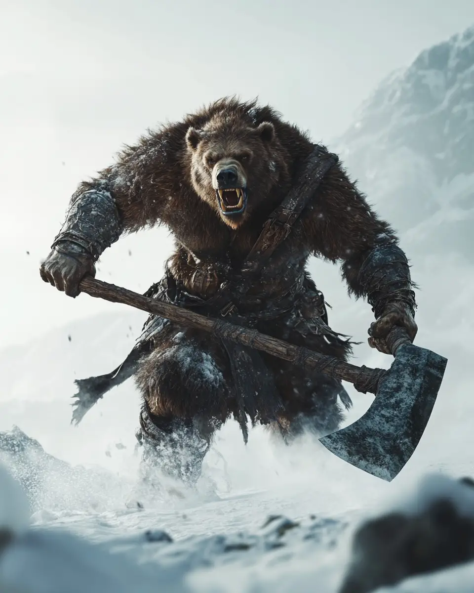 Ferocious bear barbarian warrior charging across snowy battlefield