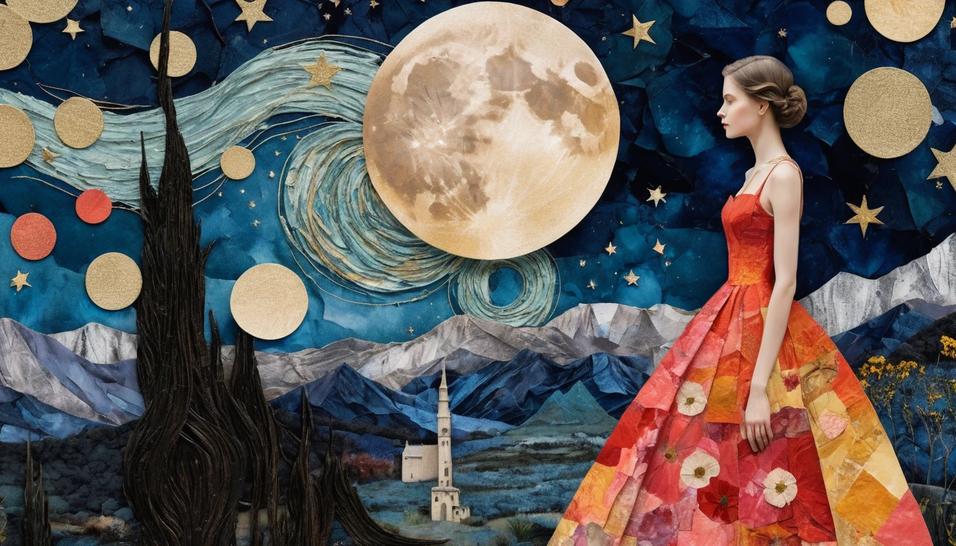 Elegante donna in abito di alta moda che osserva la luna