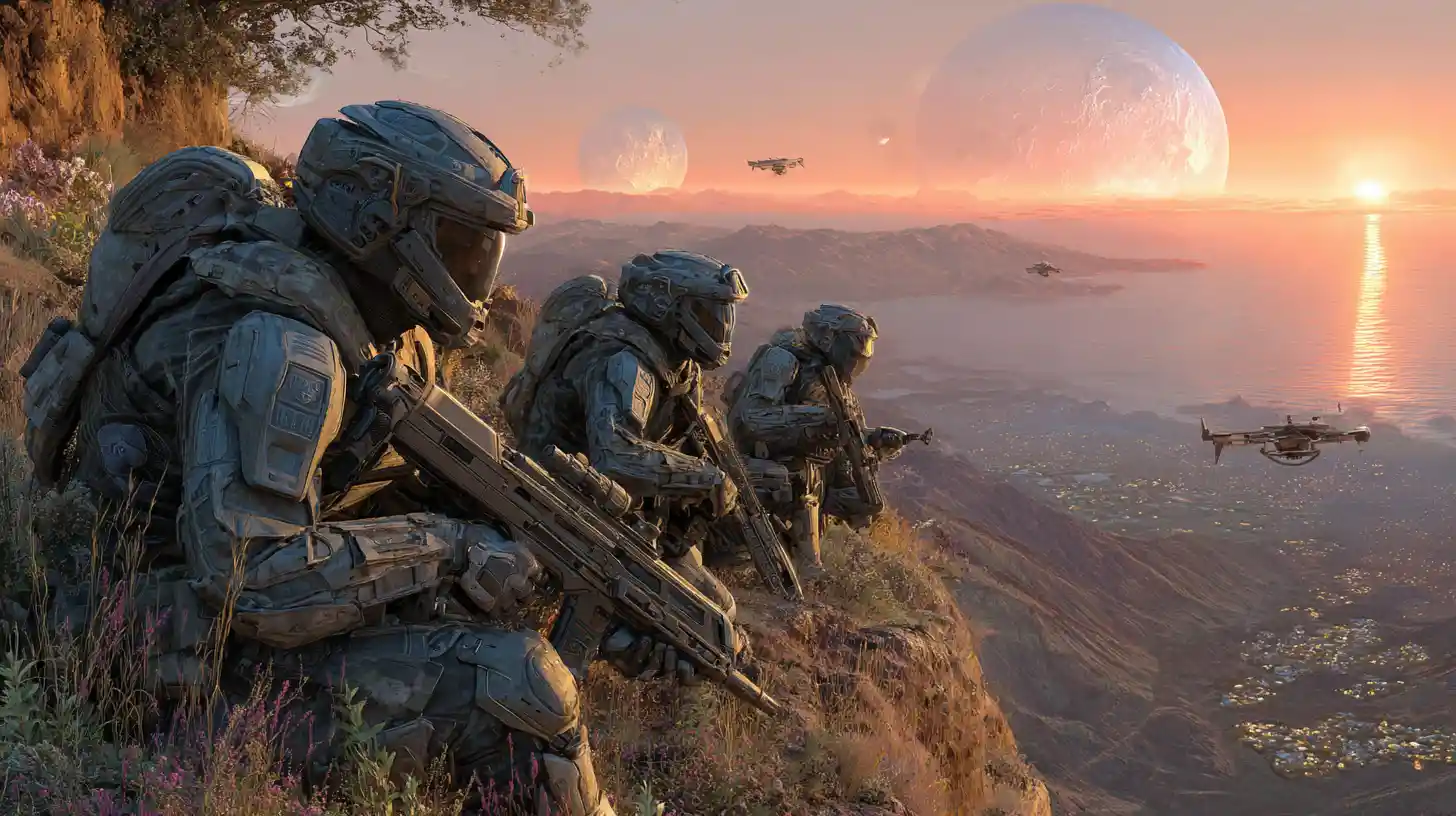 Special forces soldiers scouting from a cliff on alien world