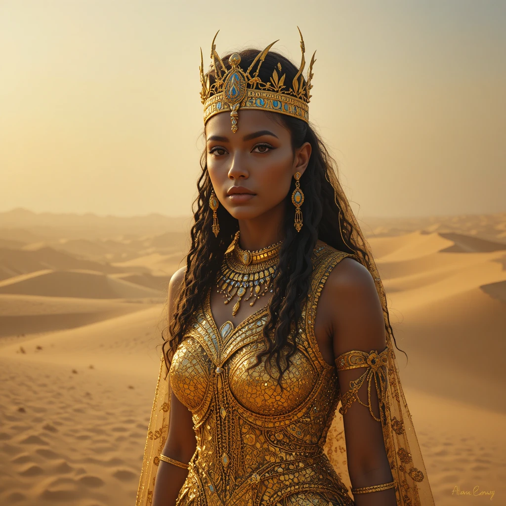 Ancient Egyptian queen in a golden dress amid sandstorm