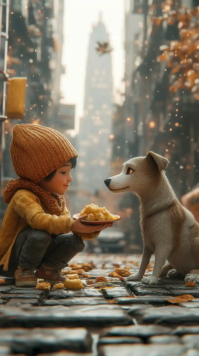 Kind teilt Essen mit Streunerhund auf der Stadtstraße