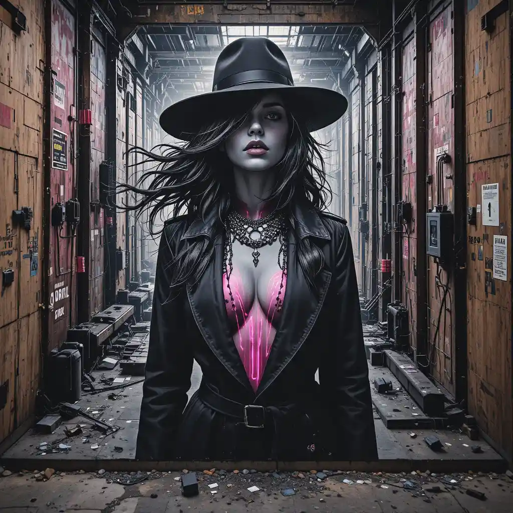 Mural atompunk de mulher em siderúrgica no estilo Banksy