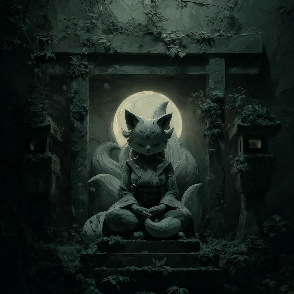 Mystical black kitsune spirit guarding a shrine portal