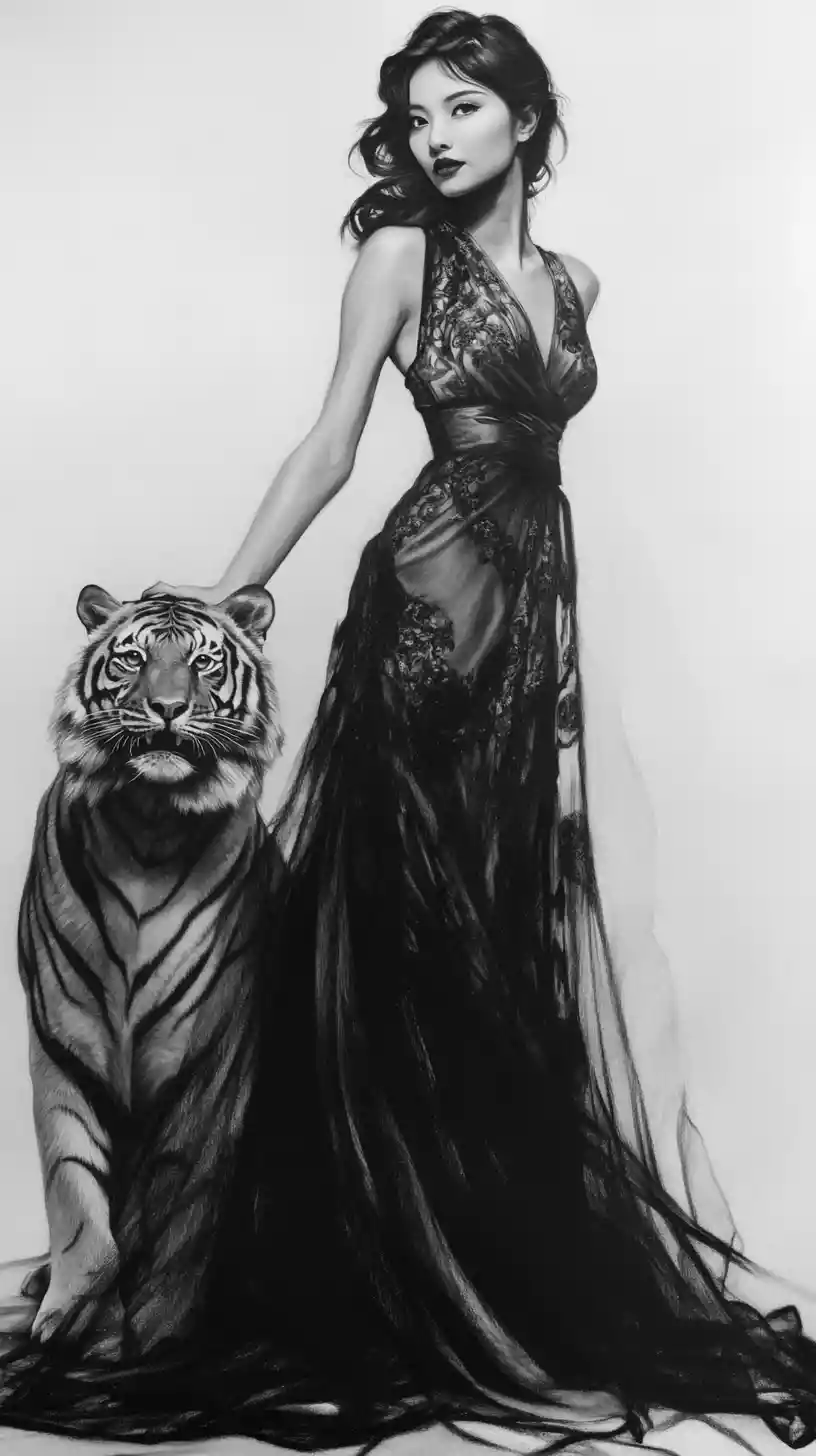 Asian woman in flowing dress with tiger in charcoal art