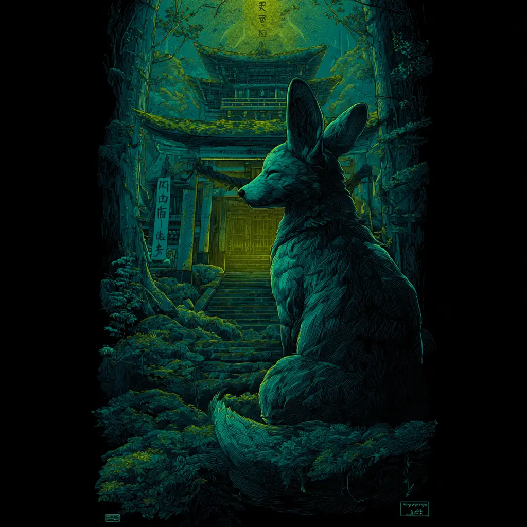 Mystical Nine Tailed Kitsune Spirit Guarding A Forest Portal