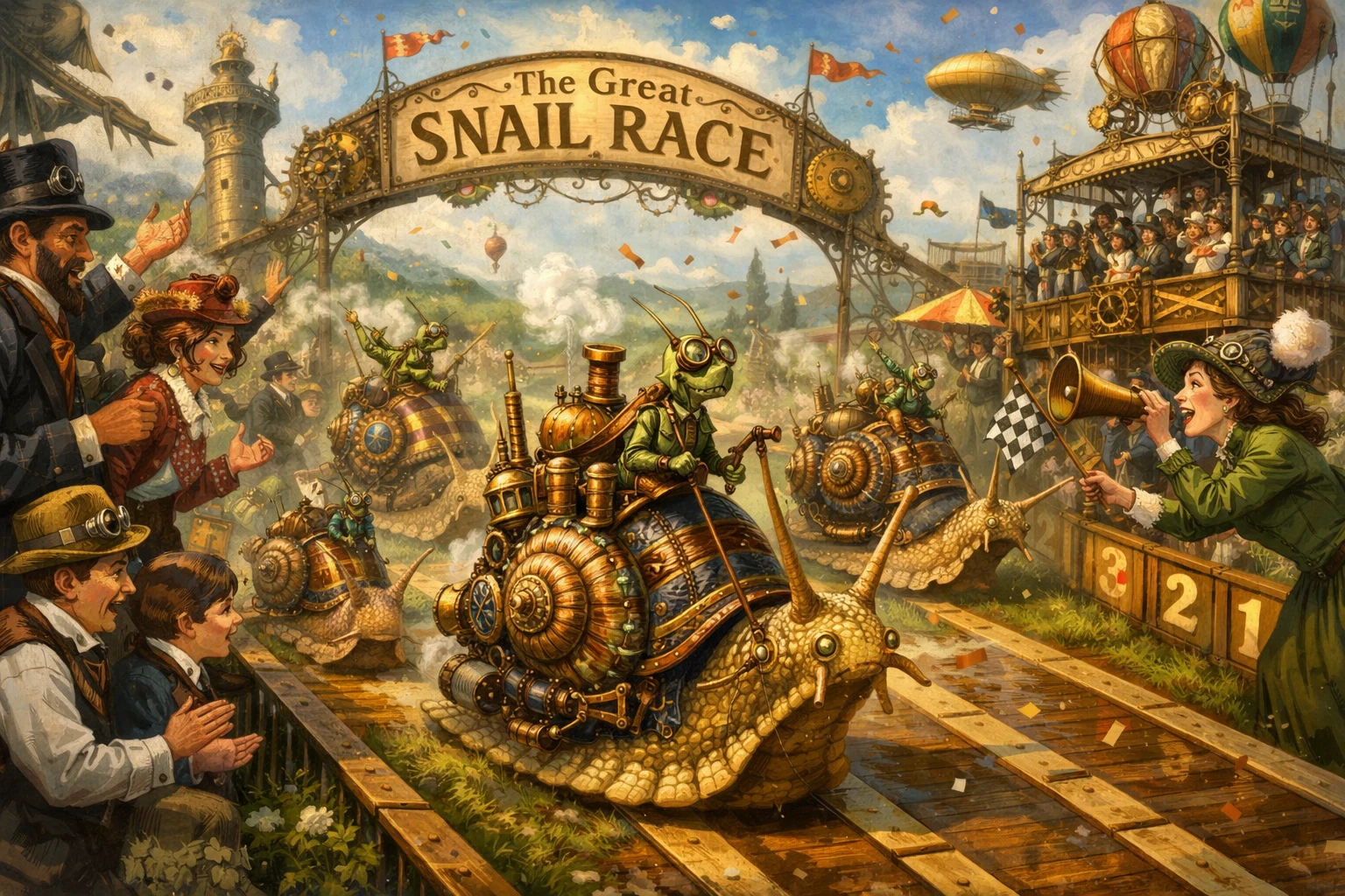 Whimsical steampunk snail race with cheering vintage crowd