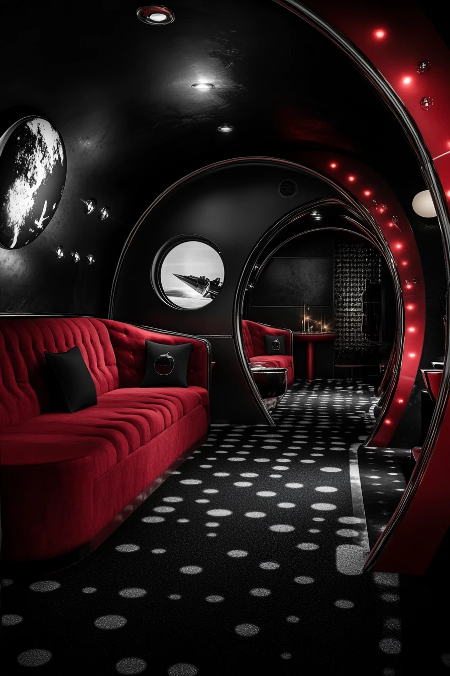 Diseño de interior de sala de estar futurista inspirado en una nave cohete