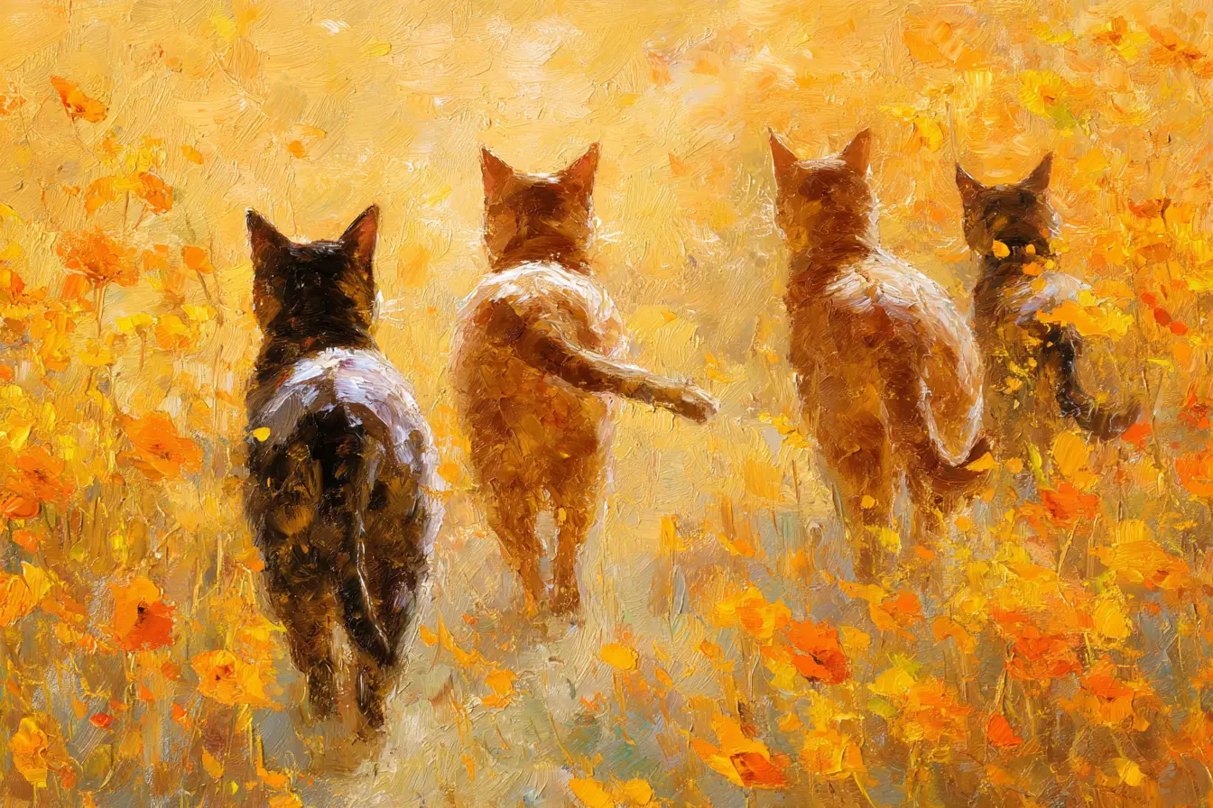 Abyssinian cats running through a golden poppy field