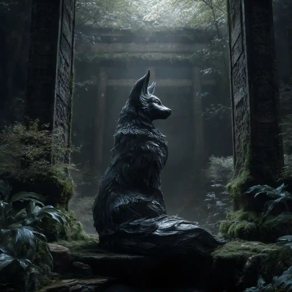 Mystischer neunschwänziger Kitsune-Geist, der ein Waldportal bewacht