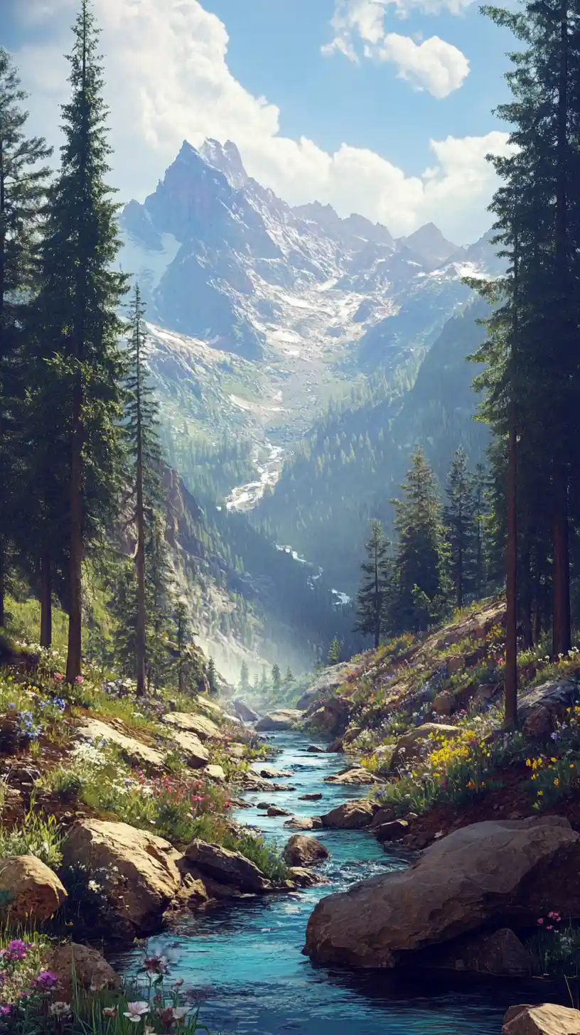 Schillernde Glasberglandschaft mit gewundenem Fluss