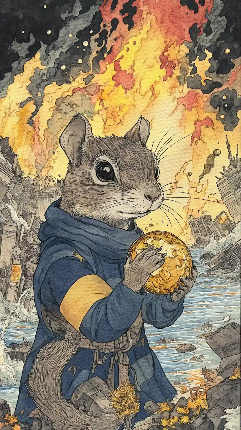 Watercolor chipmunk hero in a chaotic elemental landscape