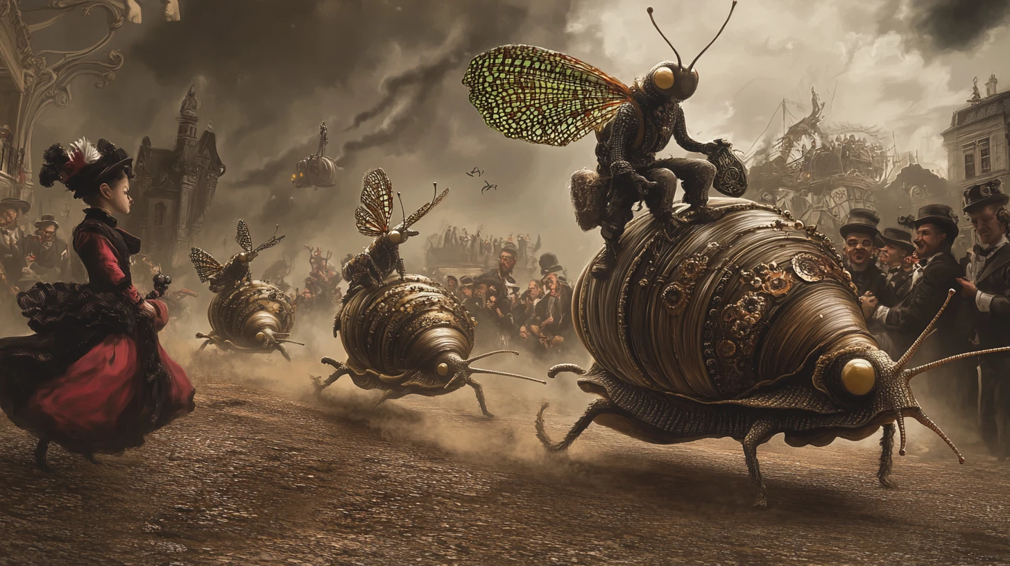 Whimsical steampunk great snail race with cheering spectators
